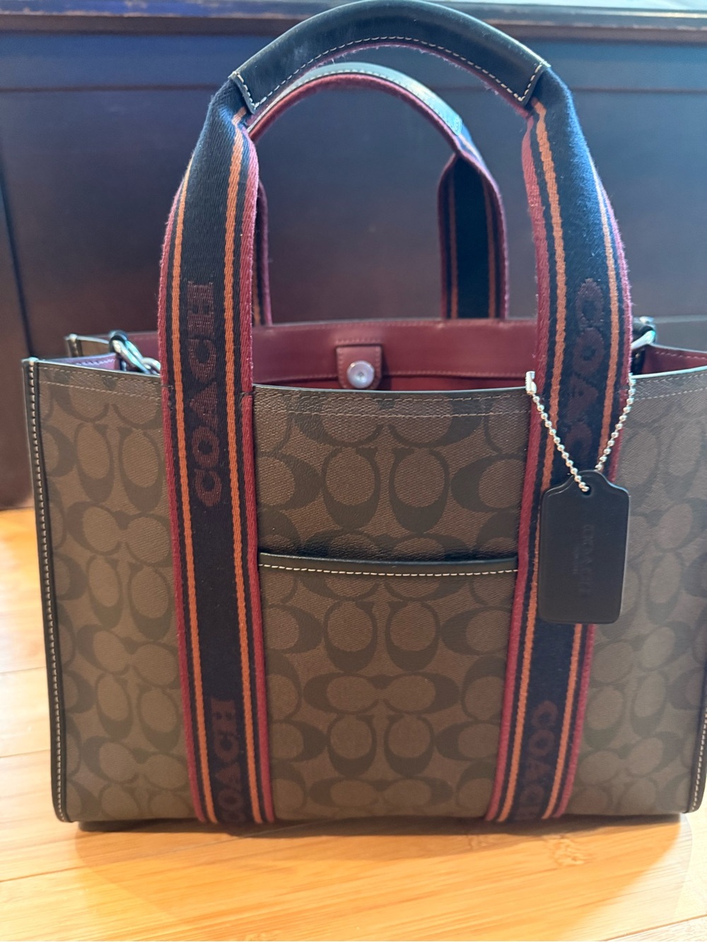 Coach Brown Signature Canvas Tote with Burgundy Accents - Picture 1 of 6